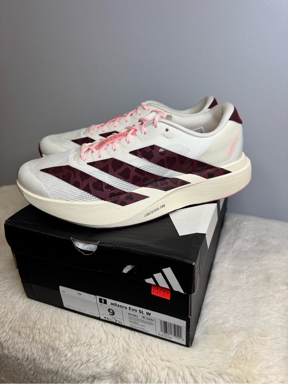 adidas Adizero Evo SL Women’s Running Shoes - Cream & Burgundy with Pink Laces